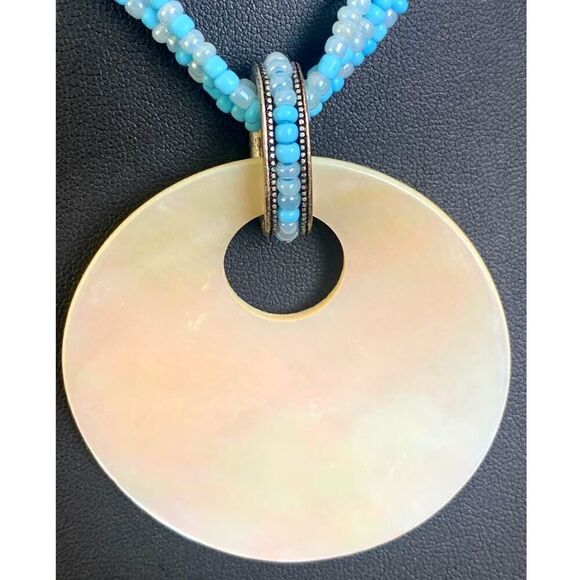 AVON MOP and Blue Seed Bead Beach Necklace, Stamped, Vintage - Picture 2 of 3